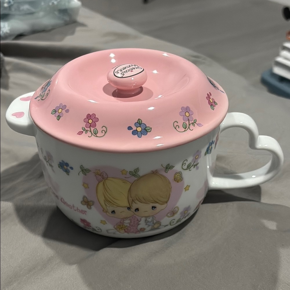 Pink and White Floral Ceramic Mug with Lid